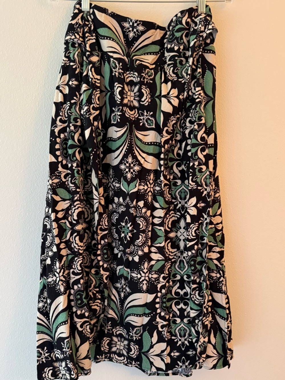 Floral Print Black and Green Midi Skirt